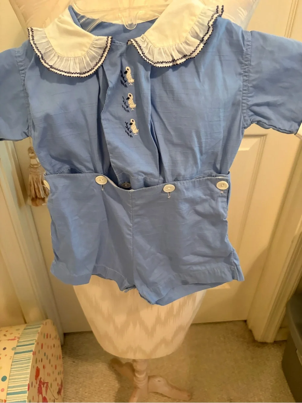 Vintage size 9-12 months Blue Cotton Baby Romper with White Peter Pan Collar